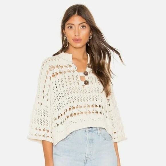 Free People Dreams Tonight Crop Chunky Open Knit Sweater Small Ivory Boho Hippie - Picture 1 of 14